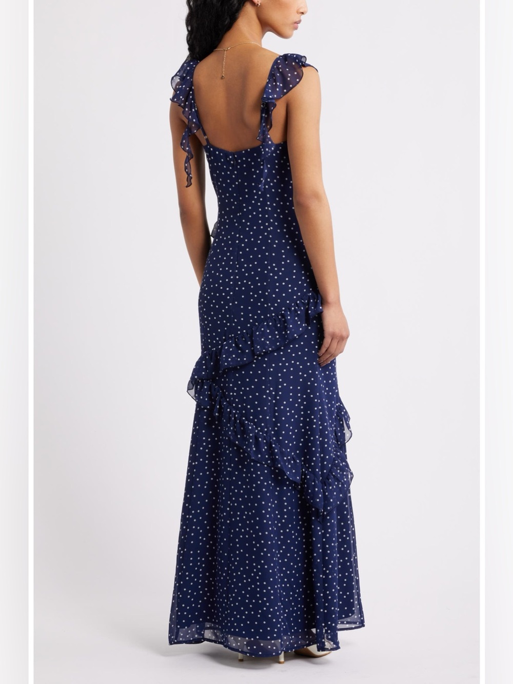 BP Navy Polka Dot Asymmetric Ruffle Tiered Maxi Dress | Size M - Picture 4 of 17